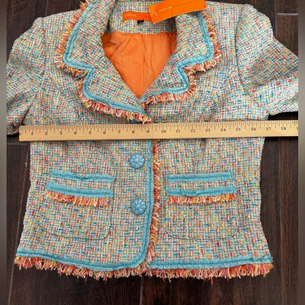 Cynthia Steffe Tweed Fringe Cropped Blazer Teal Orange Multi-Color Jacket NWT S - Picture 12 of 15